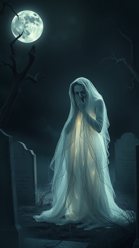Sorrowful Ghost Weeping in Graveyard, Digital Art