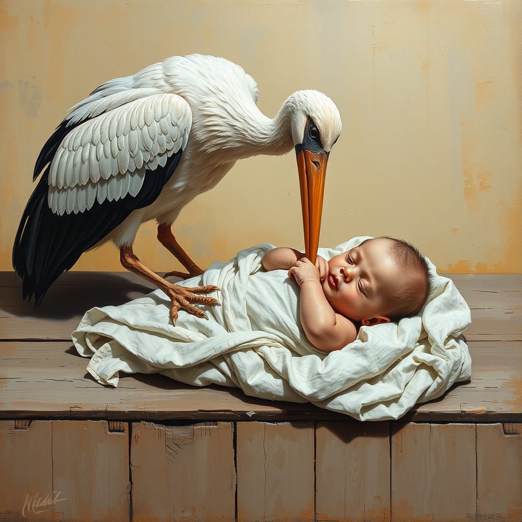 Grunge Stork Delivers Baby Boy in Impasto Acrylic Masterpiec...