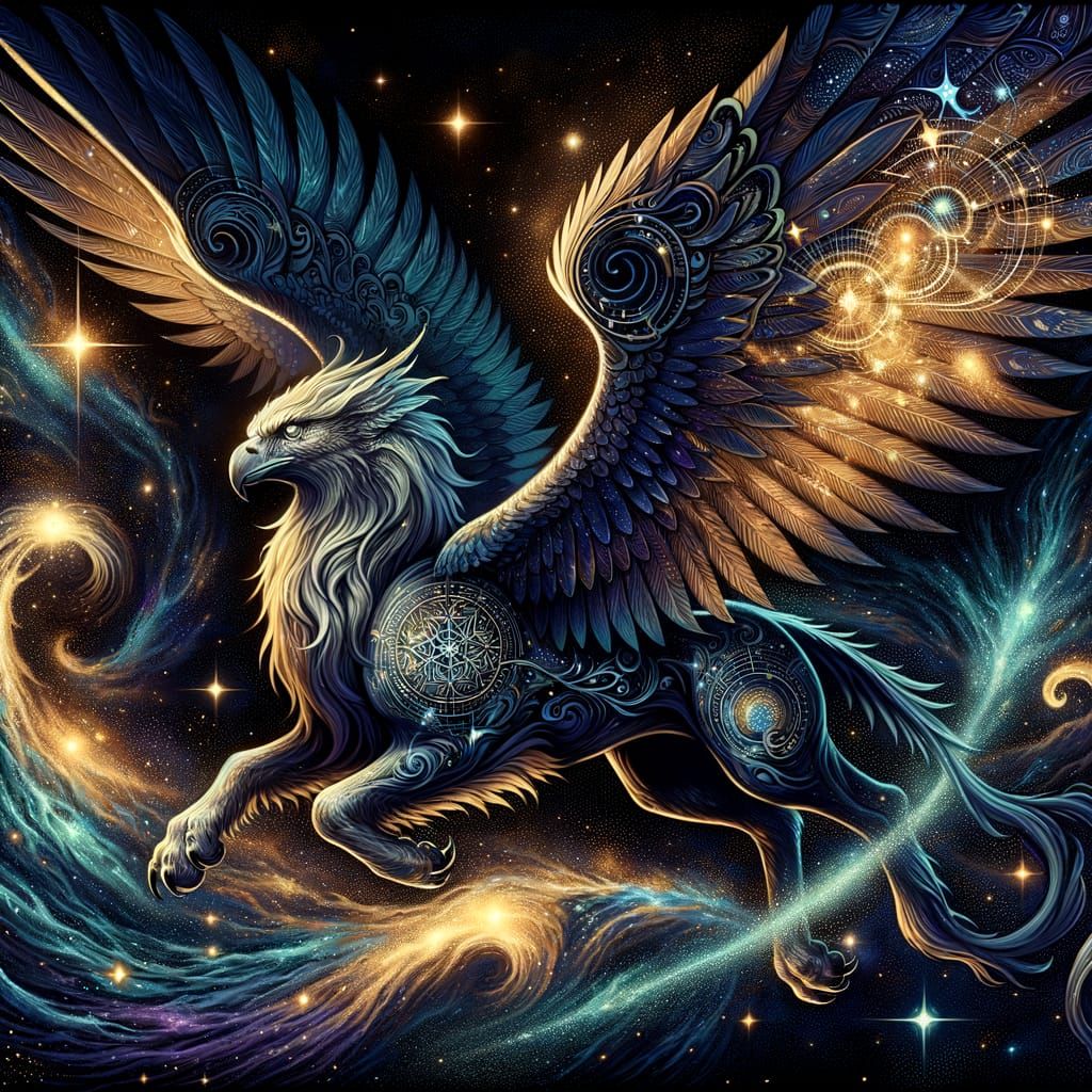 Celestial Griffin Soaring Through Nebula in Art Nouveau Styl...