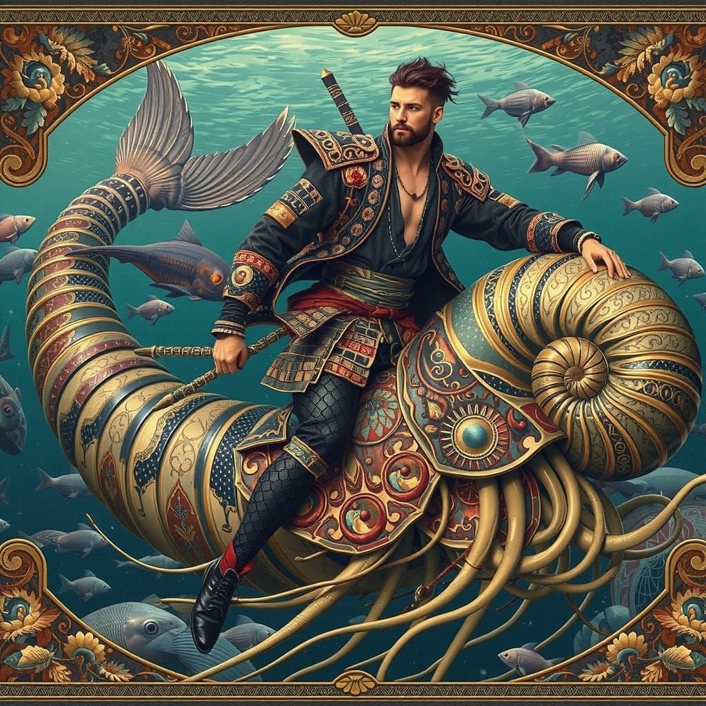 Pre-Raphaelite Mermaid Samurai Rides Giant Nautilus