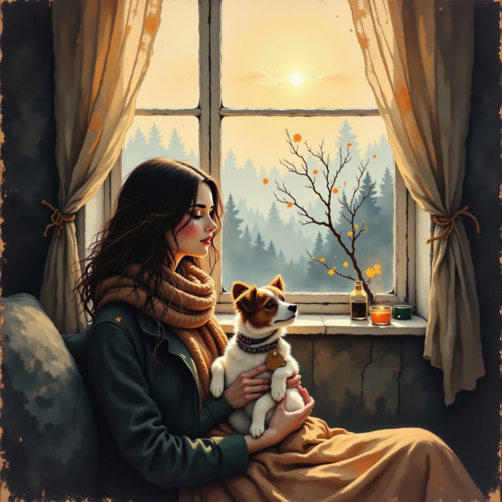 Woman with Dog in Living Room, Fantasy Landscape Beyond