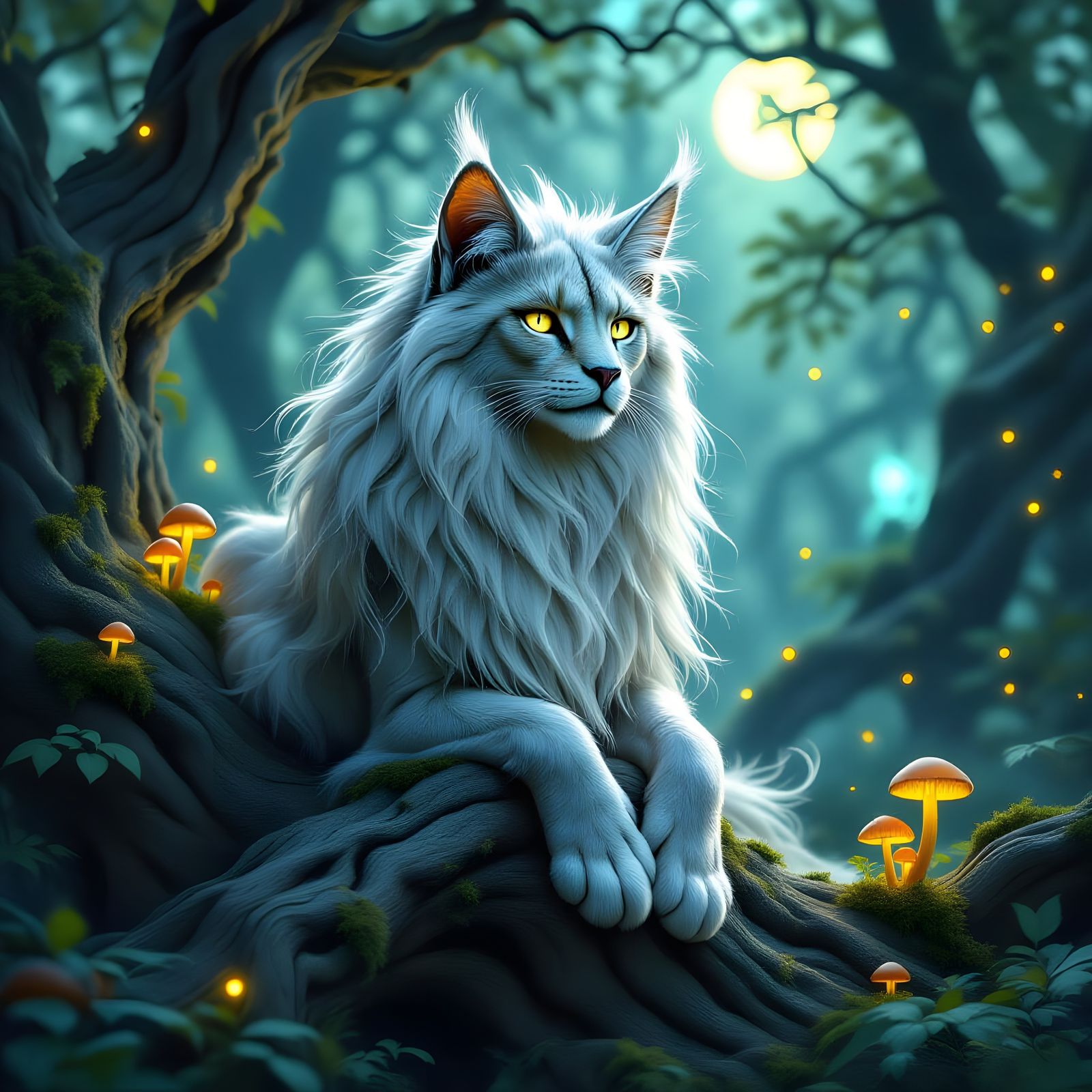 Wise Sphinx on Gnarled Oak in Mystical Forest