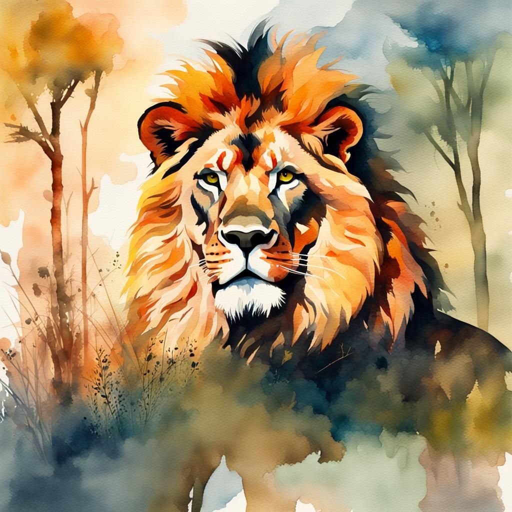 Watercolor Lion Double Exposure: Gouache Style