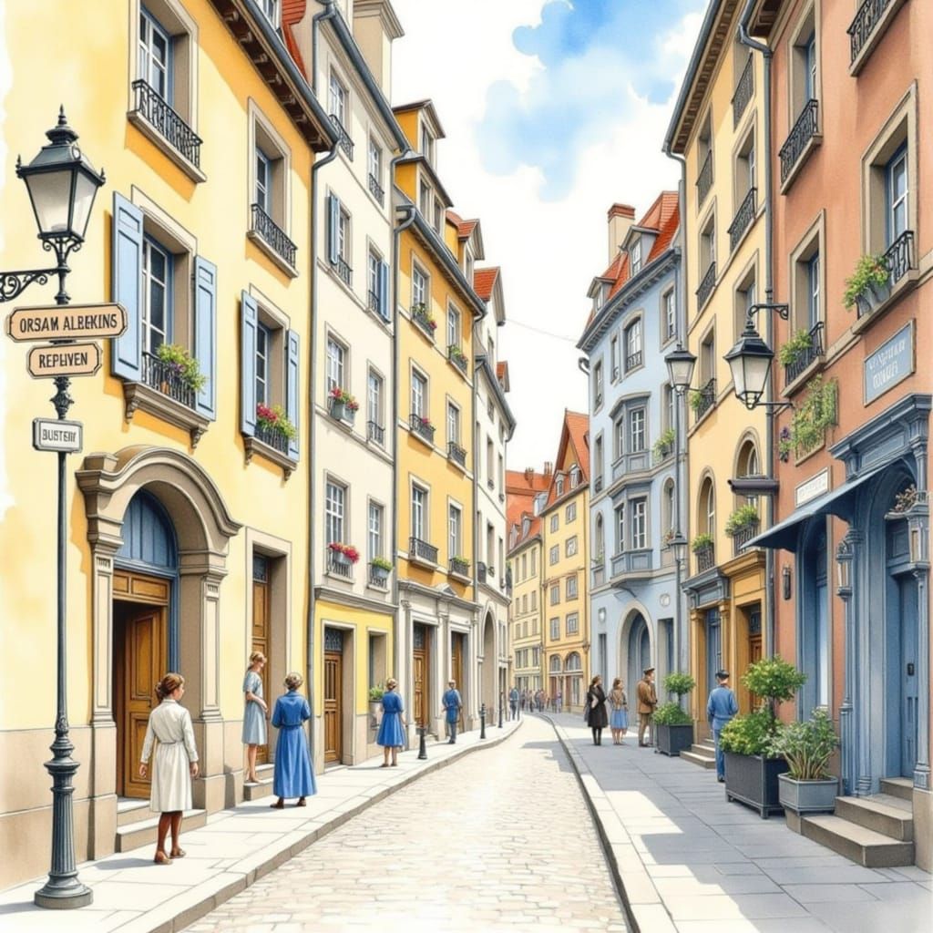 Whimsical European Street Scene in Watercolor and Ink