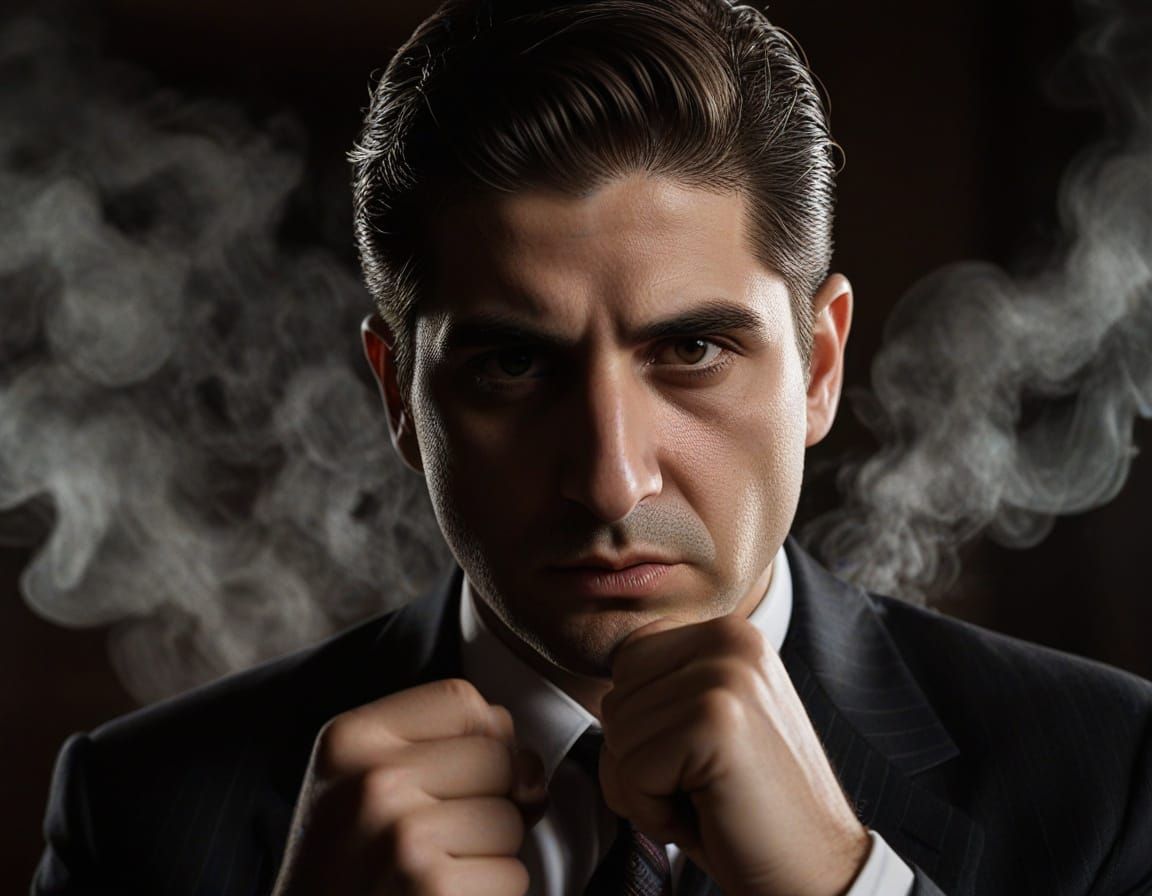 Intense Film Noir Portrait of a Furious Mobster