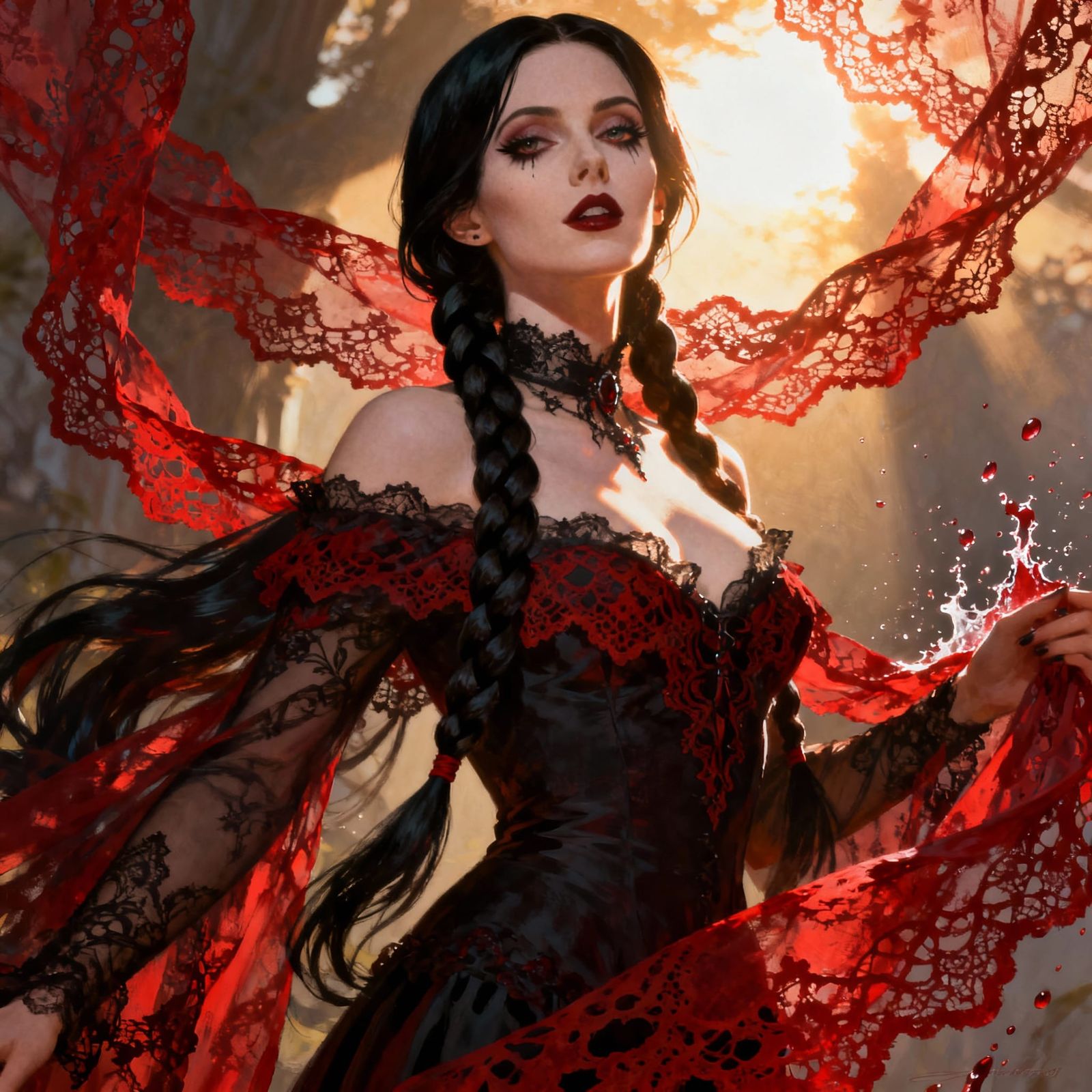 Wednesday Addams in Red Lace, Splash Art Style