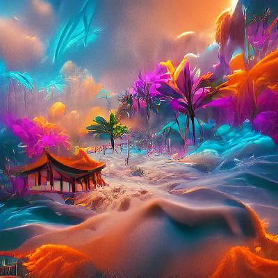 Detailed Tropical Paradise Matte Painting in Deep Color