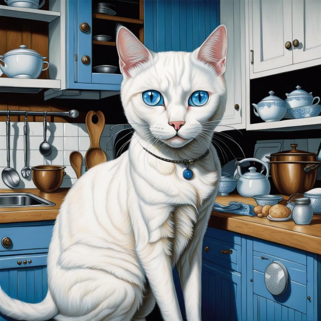 Blue-Eyed White Cat in Kitchen, Crook Style