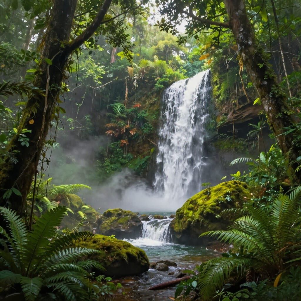 Lush Rainforest Waterfall in Realistic Digital Painting Styl...