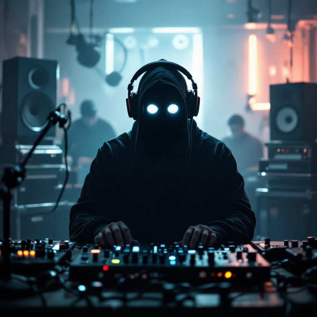 Cinematic Ghostly DJ in Noir Music Studio