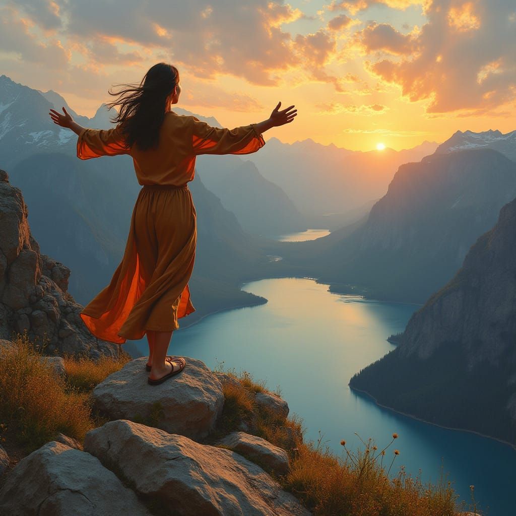 Woman Embracing Dawn on Mountain Peak, Reflected in Serene L...