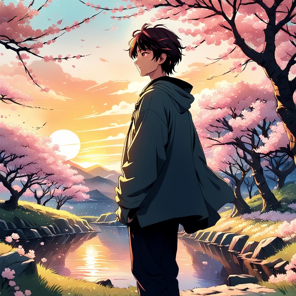 Anime Character in Sunset Cherry Blossom Landscape