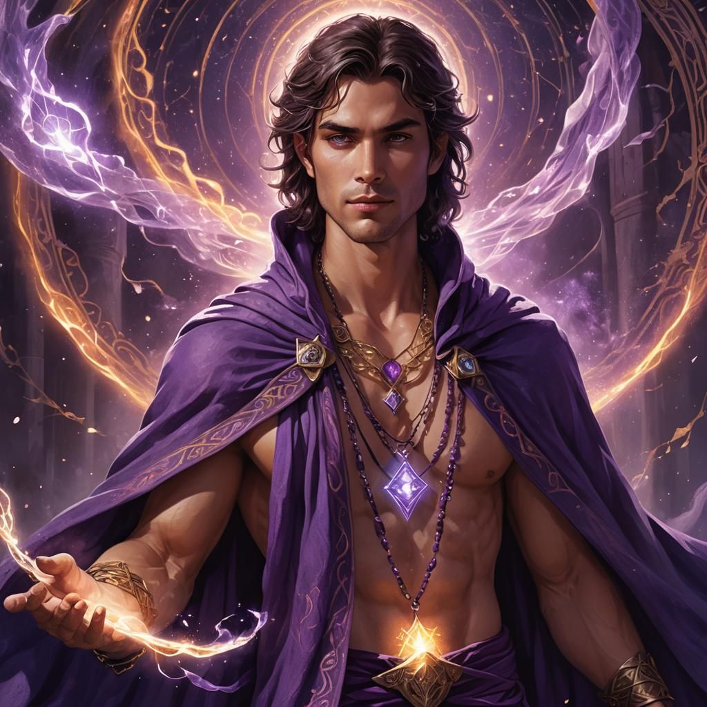 Mystical Mage in Purple Cloak: Fantasy Illustration
