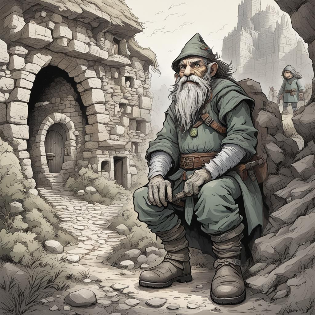 Gnome Artificer in Neolithic Village, Detailed Matte Paintin...