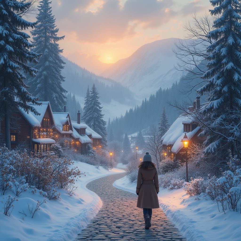 Snowy Village Scene with Woman Walking