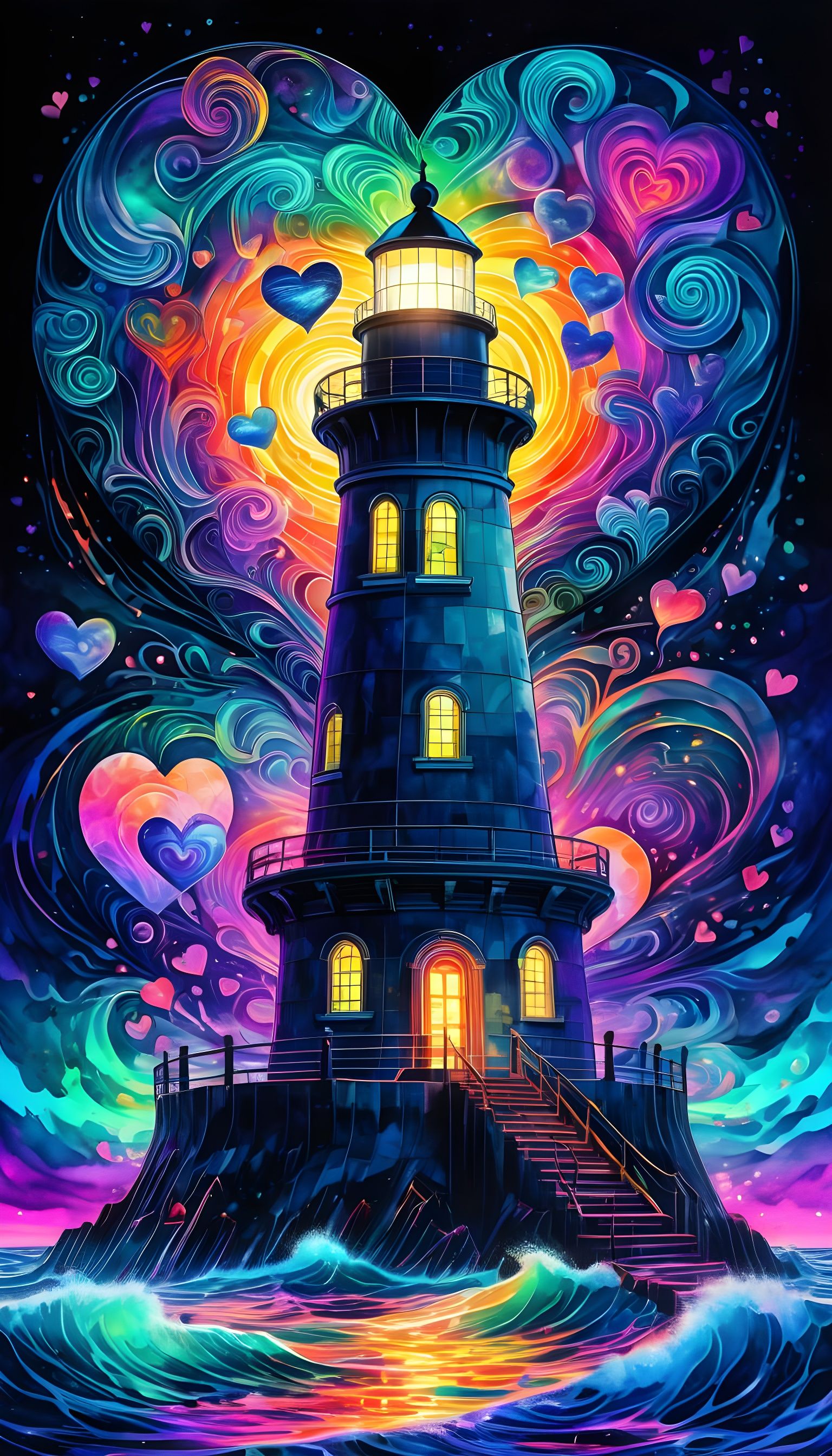 Lighthouse Portal with Fluorescent Seas in Holographic Art