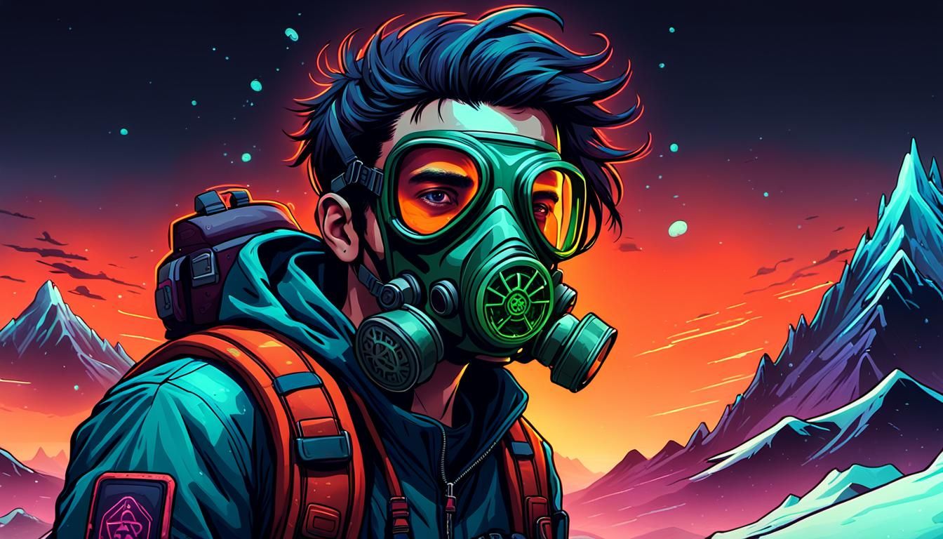 Cyberpunk Traveler on Snow Peak in Psychedelic Art