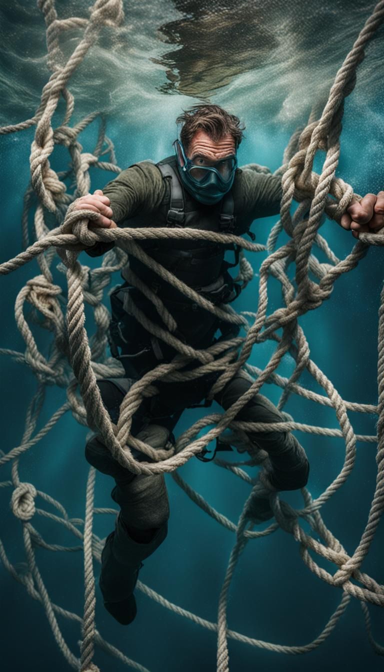 Underwater Struggle: Man Trapped in Endless Ropes