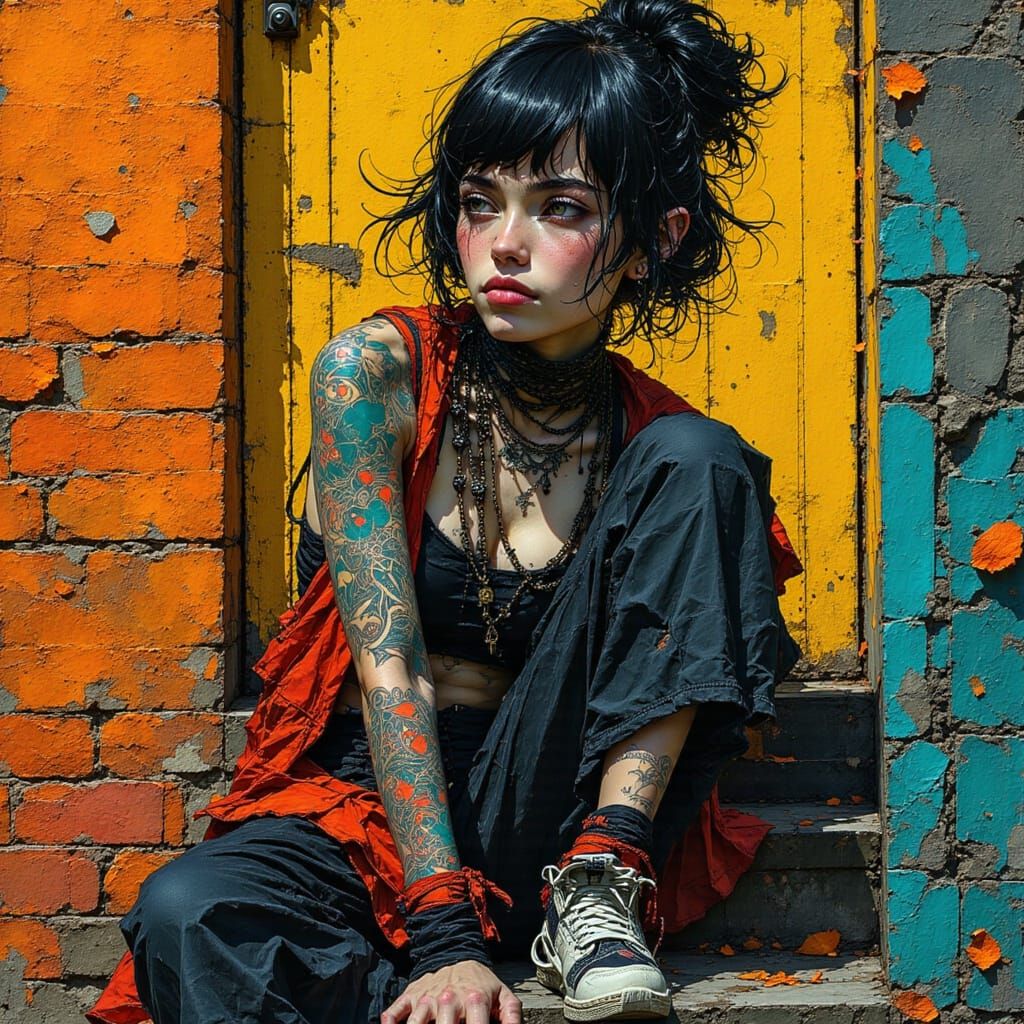 Girl with Tattoo Calligraphy in Urban Streetwear
