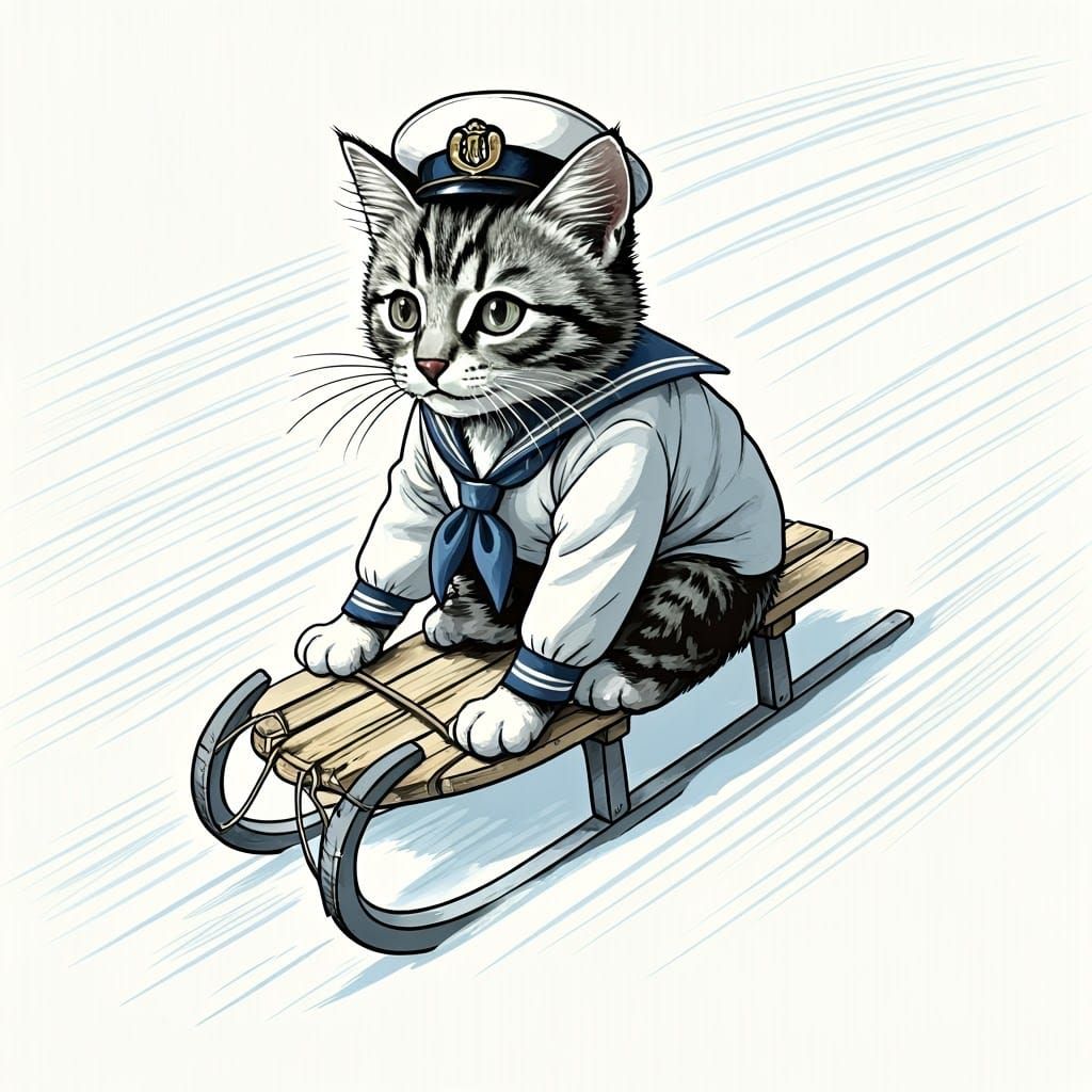 Whimsical Tabby Kitten in Sailor Suit on Vintage Wooden Tobo...