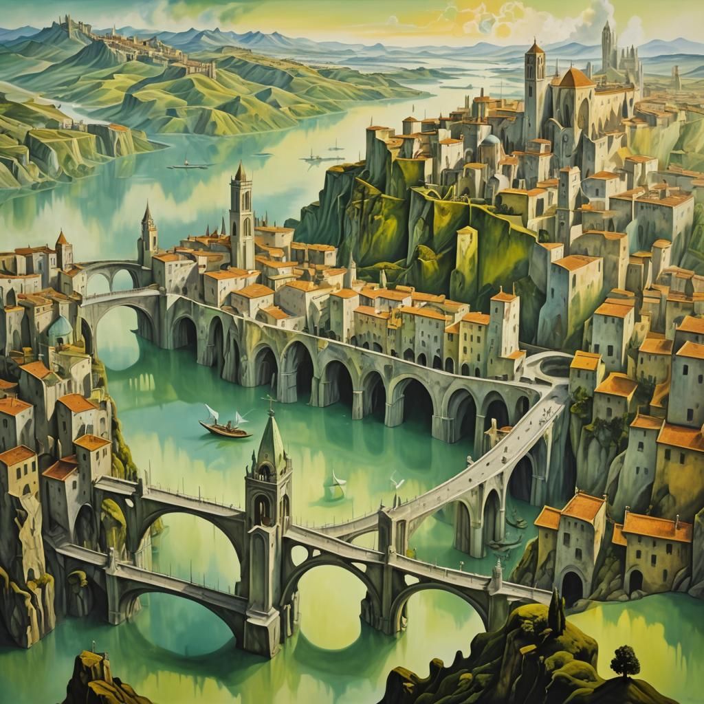 Surreal Medieval City with Marble Bridges