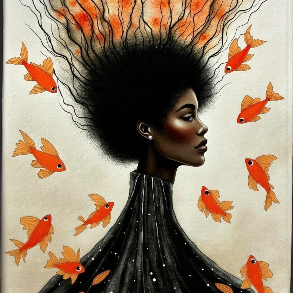 Punk Silhouette with Flying Fish in Smoky Atmosphere