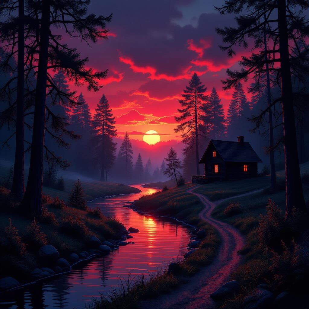 Dreamy Fantasy Cabin at Ethereal Sunset Digital Painting