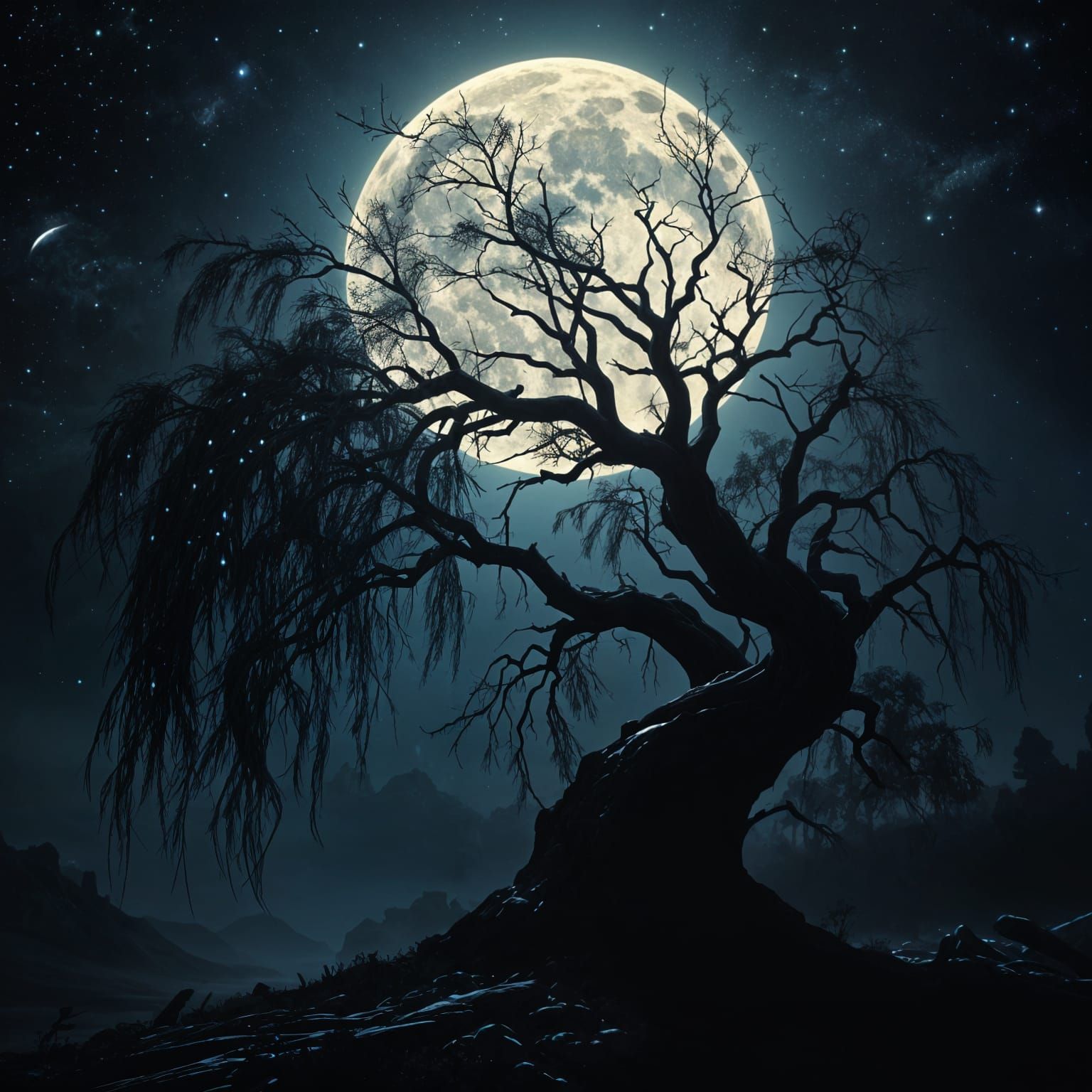 Ethereal Willow Silhouette Under Celestial Glow