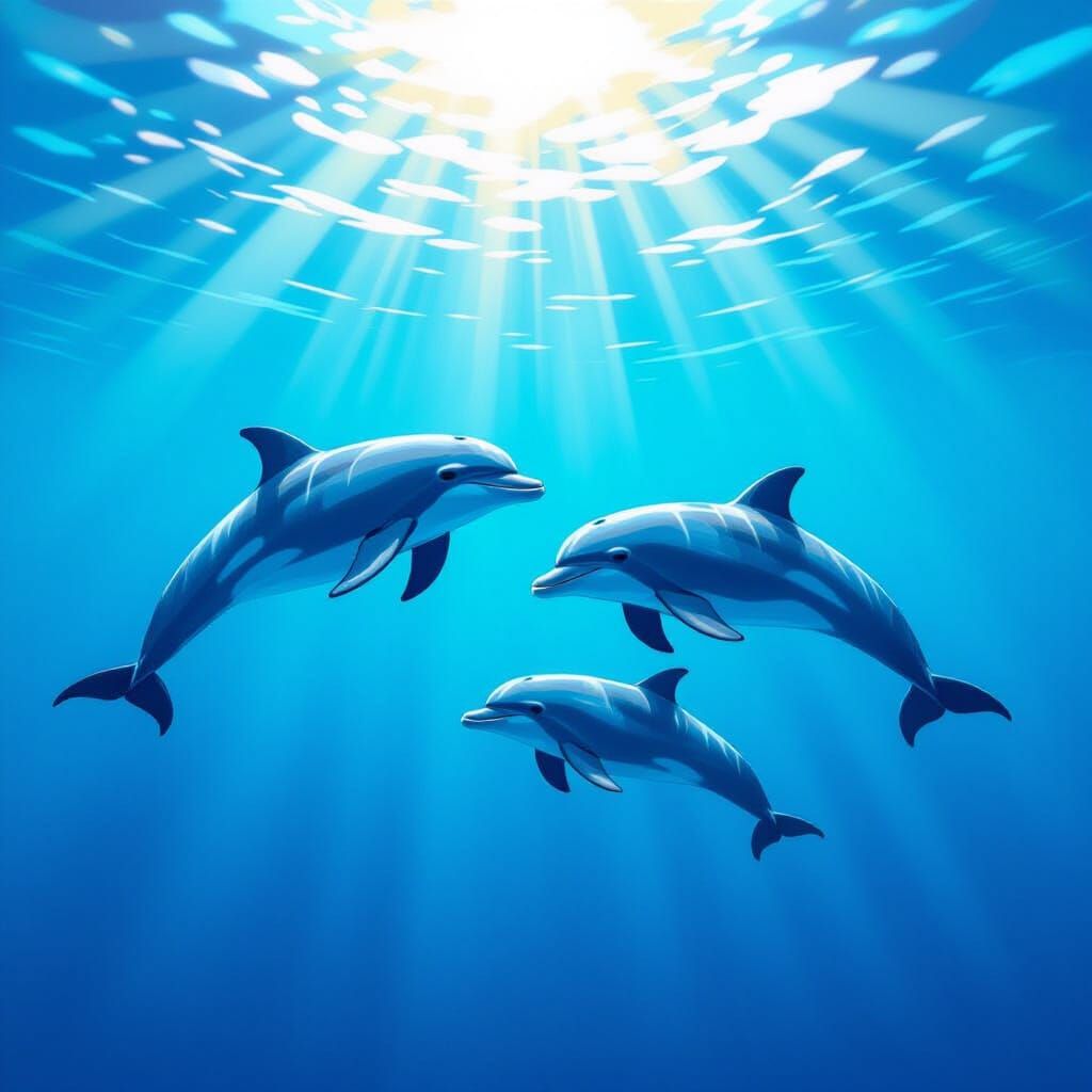 Dolphins and Calf Swim in Sunlit Ocean Waters