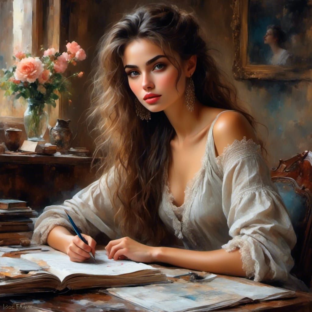 Detailed Portrait of Woman Studying in Cafe