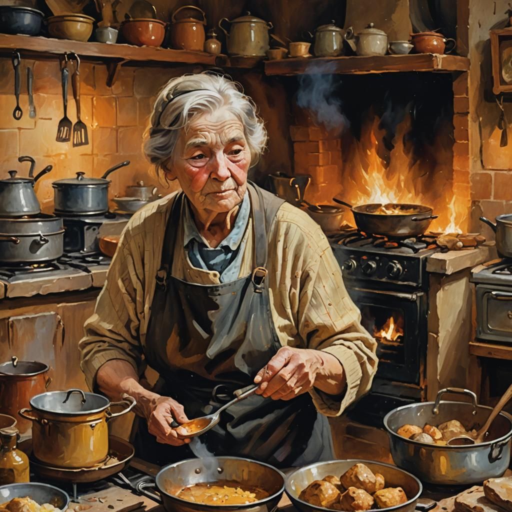 Nostalgic Oil Painting of Grandmother Watching Grandchildren...