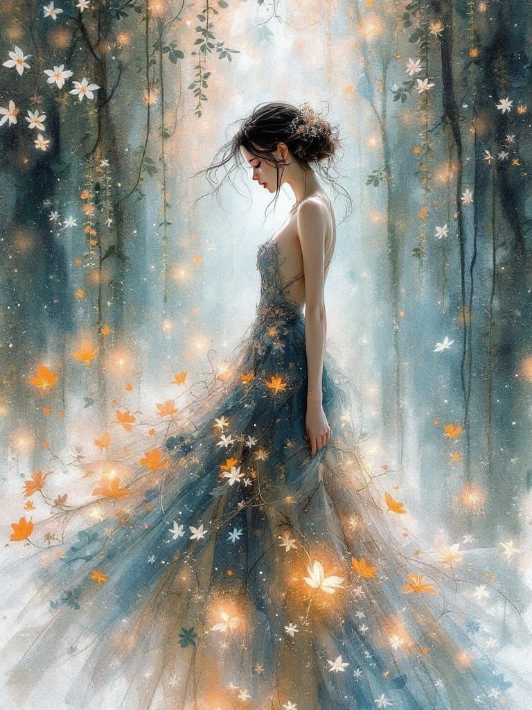 Ethereal Goddess Walks Through Dreamlike Forest with Shimmer...