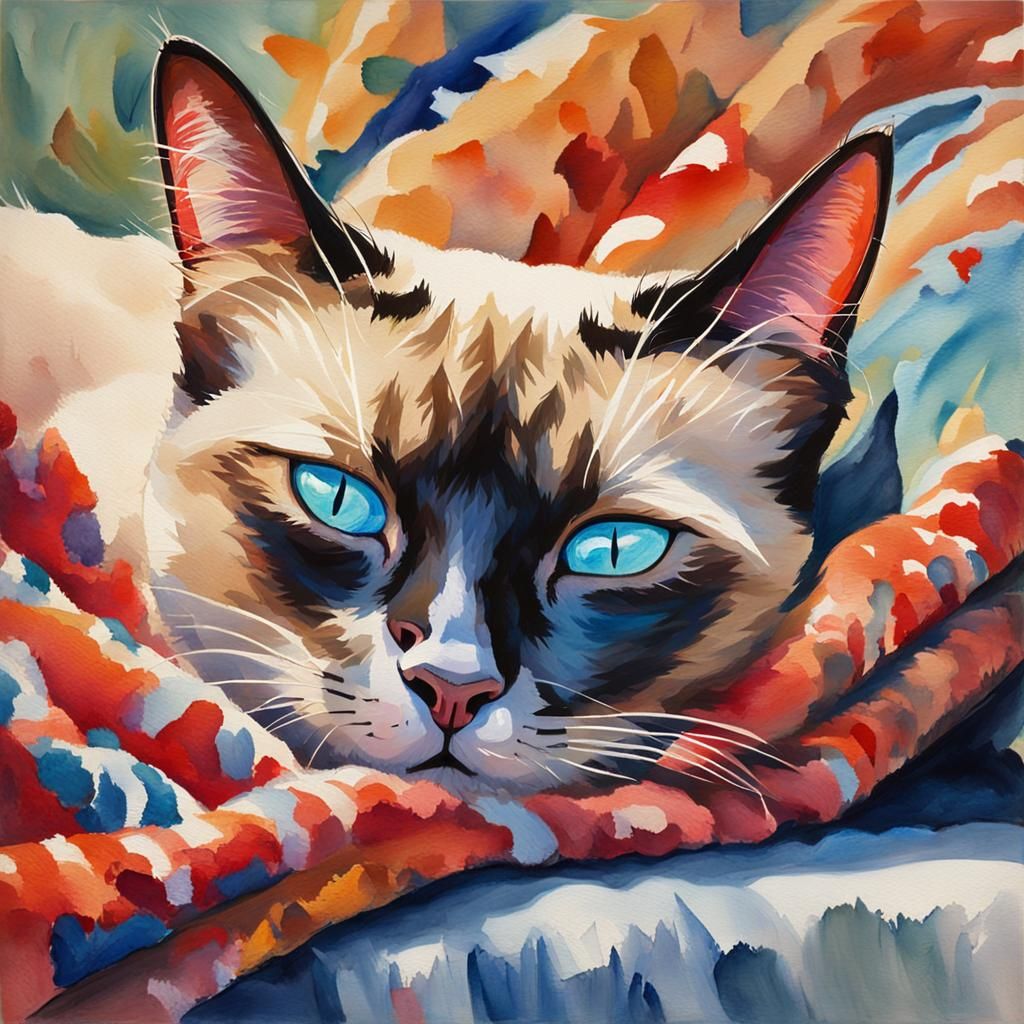 Siamese Cat Yawns: Gouache Watercolor Painting