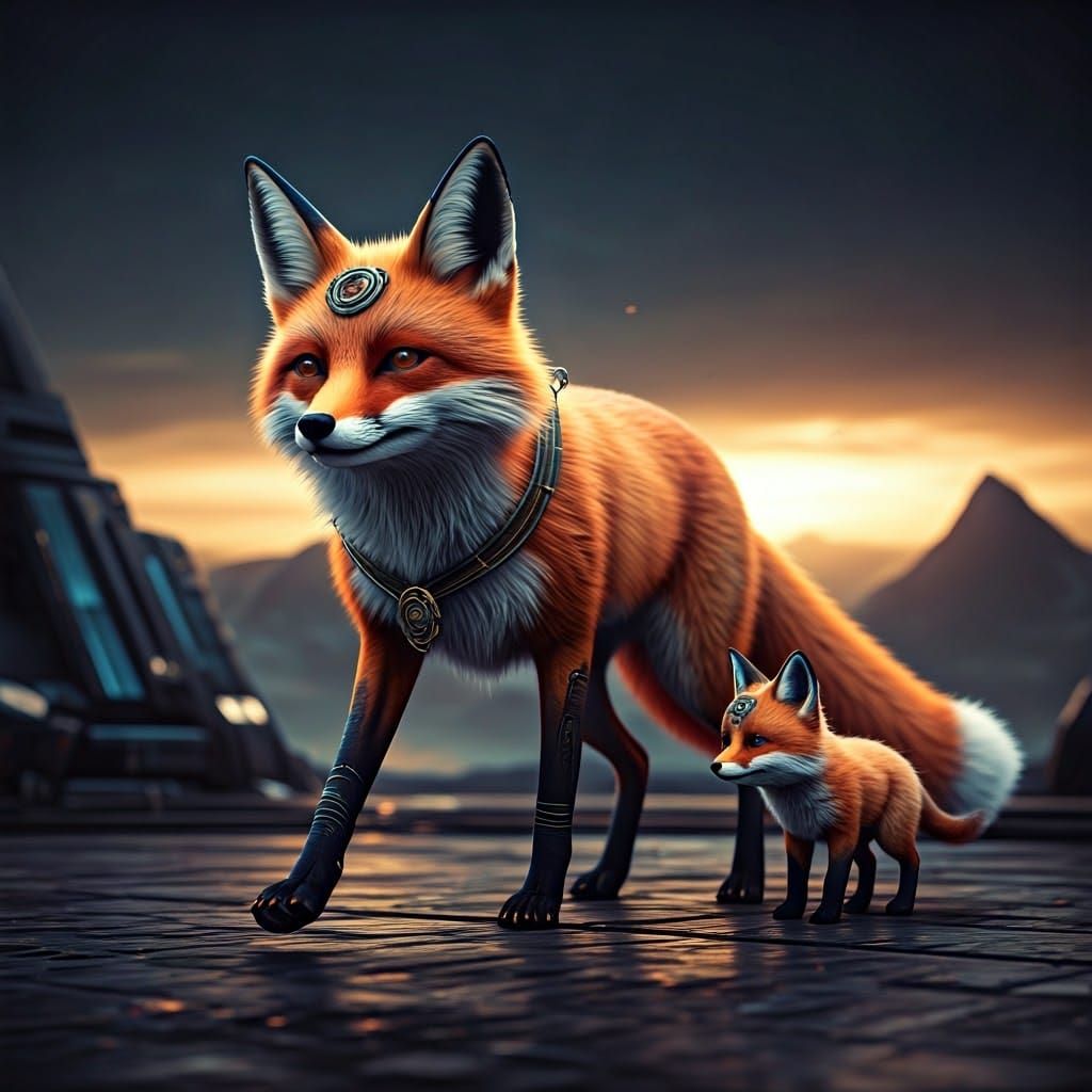 Mama Fox and Cub in 3D Sci-Fi Scene