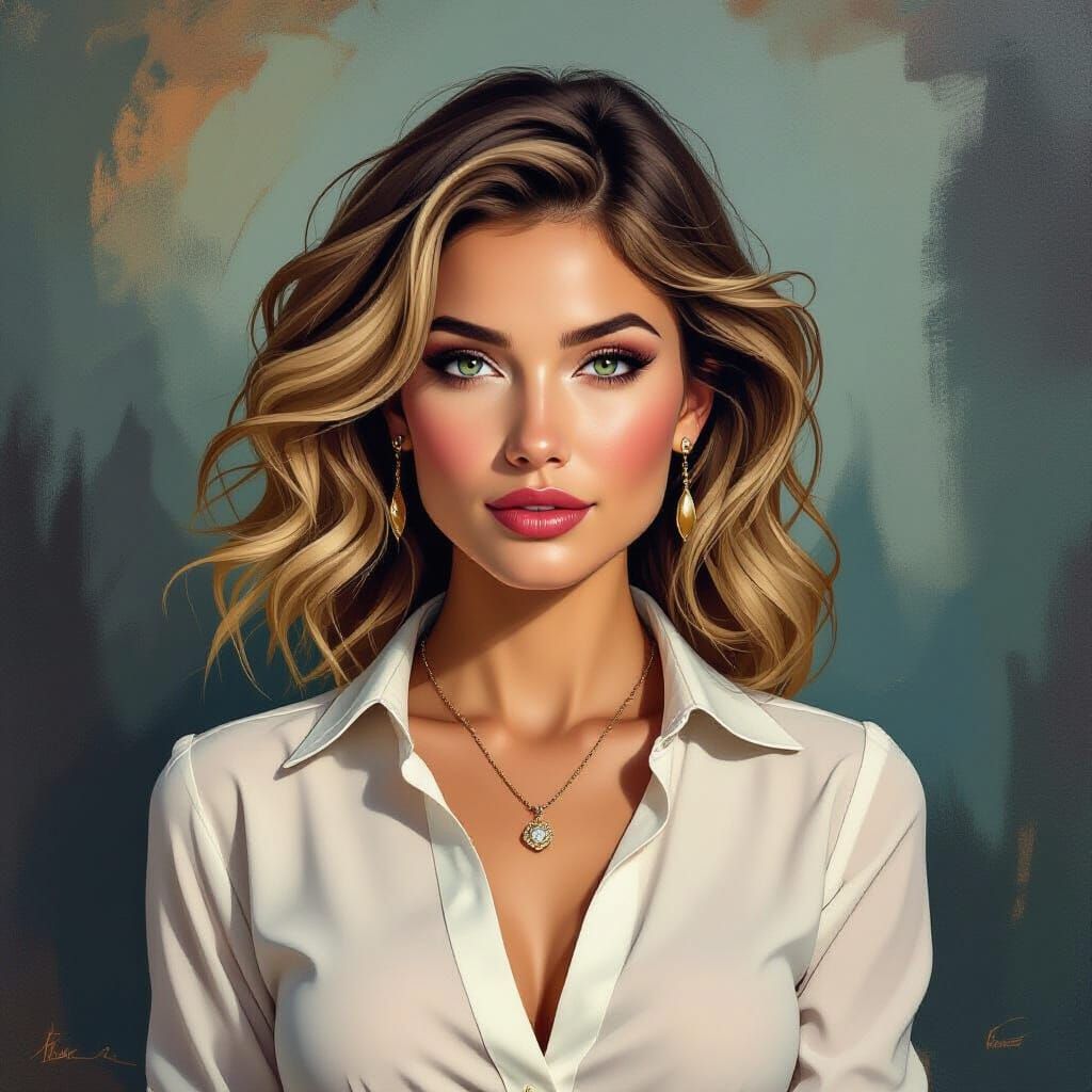 A striking monochromatic portrait of a woman with wavy, volu...