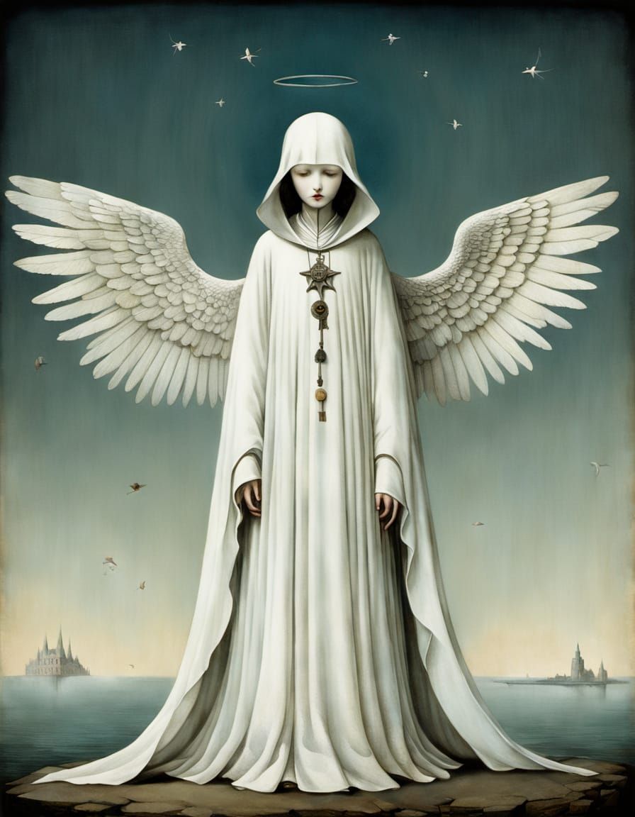 White Cloaked Faceless Angel in Long Distance View