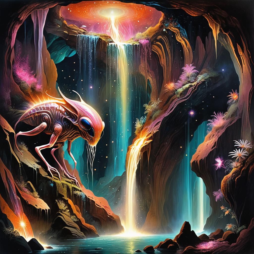 Alien Creature in Cave with Bioluminescent Flora