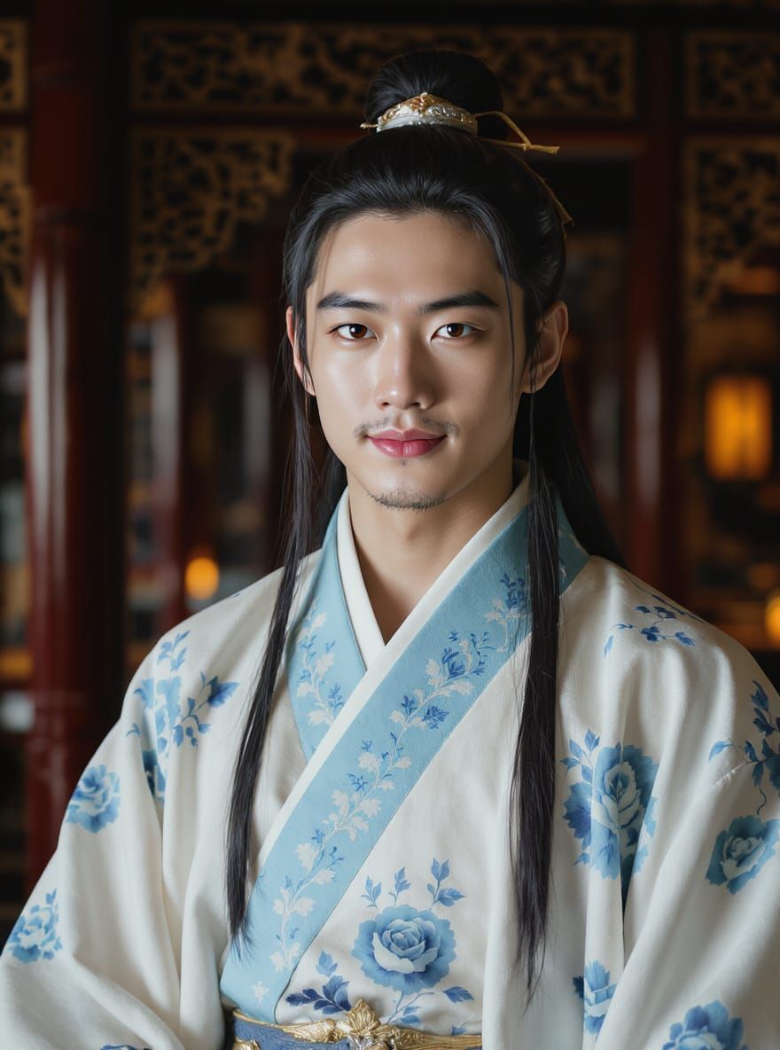 Elegant Chinese-Thai Man in Ornate Robes: Photorealistic Por...