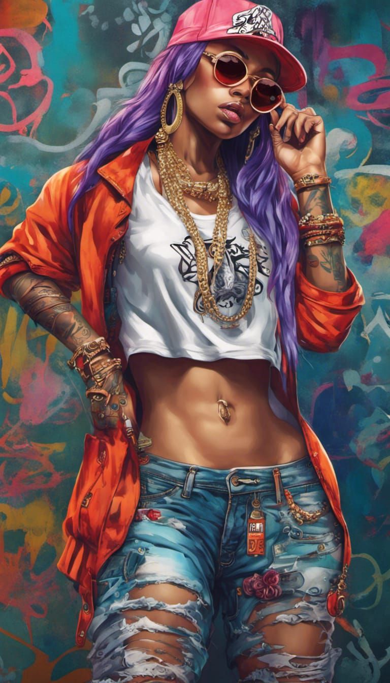 Hip-Hop Woman with Graffiti Background in 8K