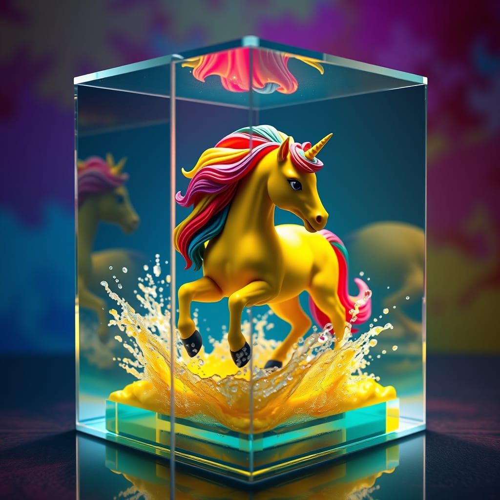 Vibrant Unicorn Gallops Through Teal Water in Acrylic Cube