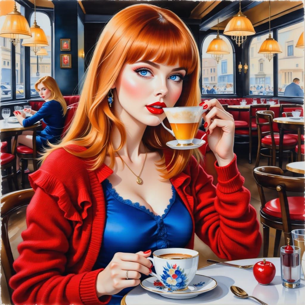 Woman Sipping Tea in Restaurant, Gouache and Watercolor Styl...