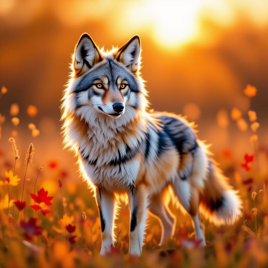 Fluffy Jackal in Autumn Field, Modern Impasto Fractal Style