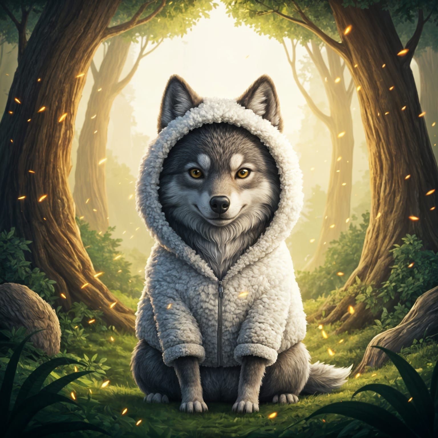 Adorable Wolf in Sheep's Wool Hoodie in Forest