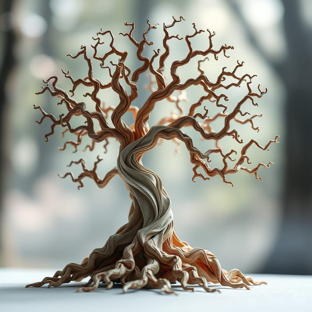 Origami Tree with Serpentine Roots in a Misty Forest Scene