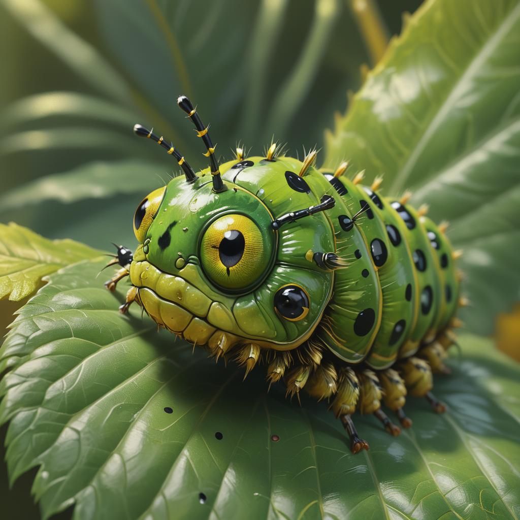 Green Caterpillar Macro Oil Painting, Detailed 8K