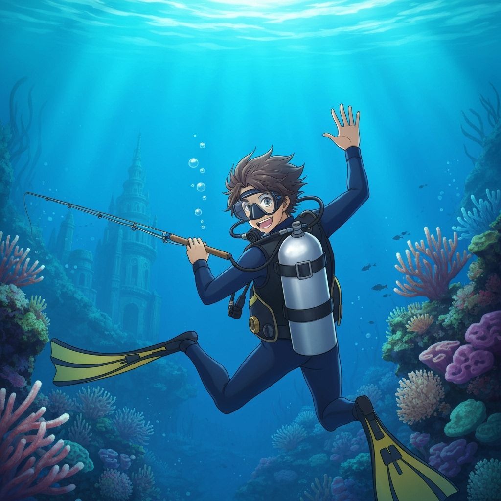 Anime Diver Waving Underwater Toward Fish