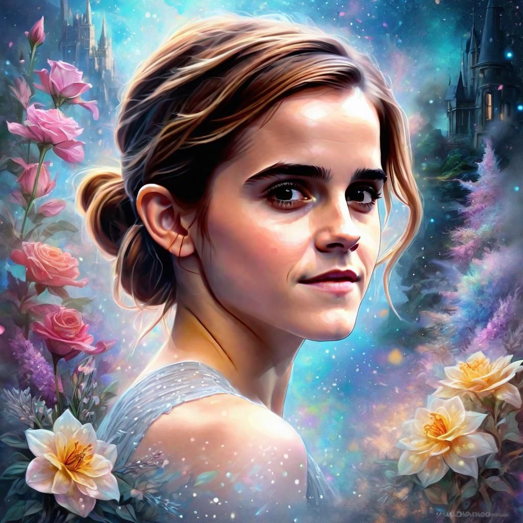 Ethereal Emma Watson Portrait in Cosmic Astral Illustration