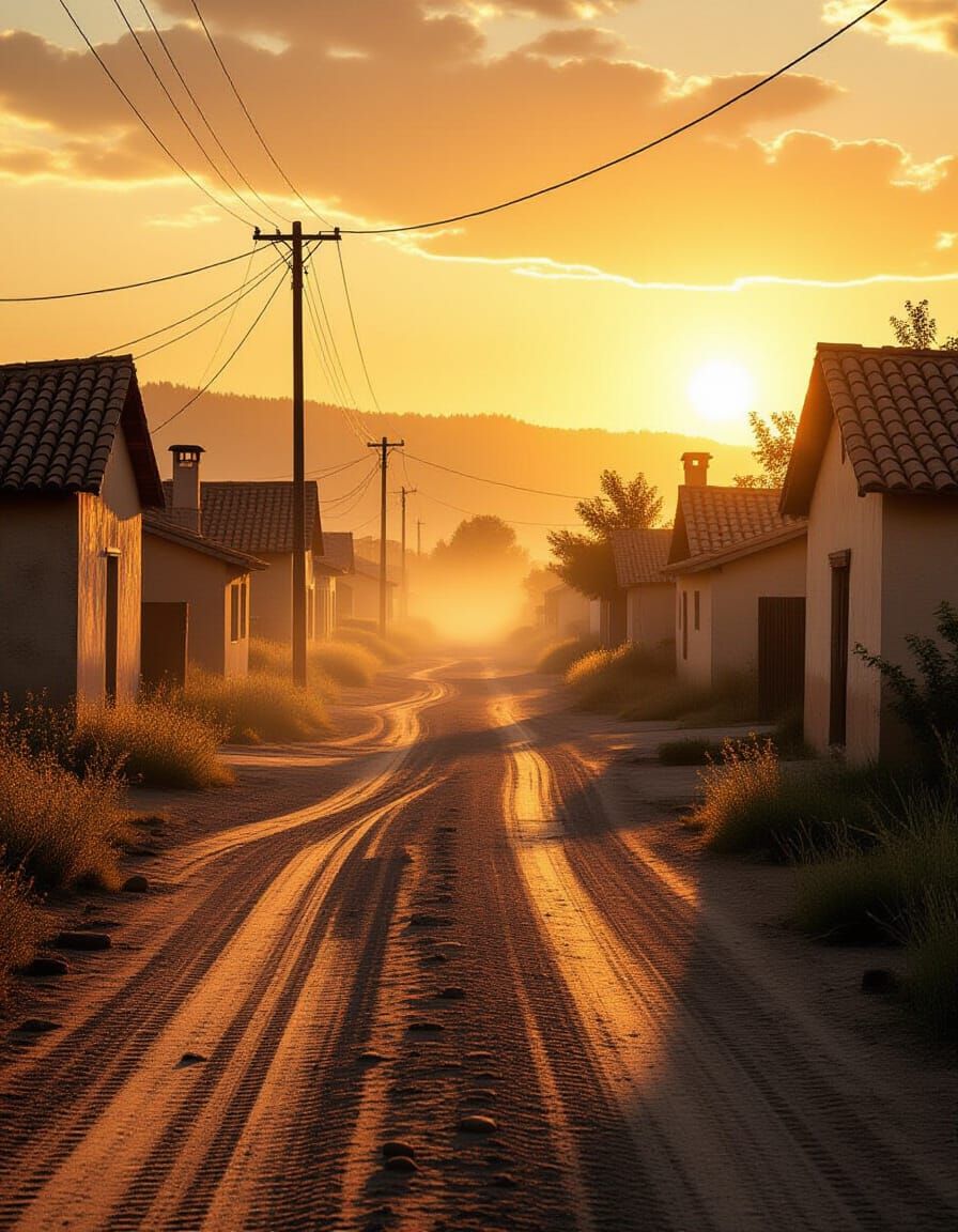 Cinematic Realism of Abandoned Village at Golden Hour Sunset
