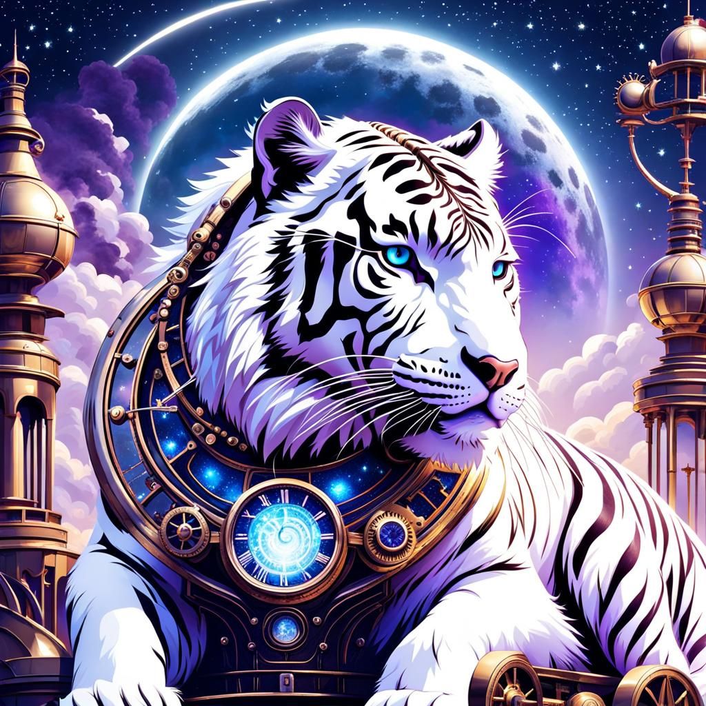 Steampunk White Tiger Under Starry Night