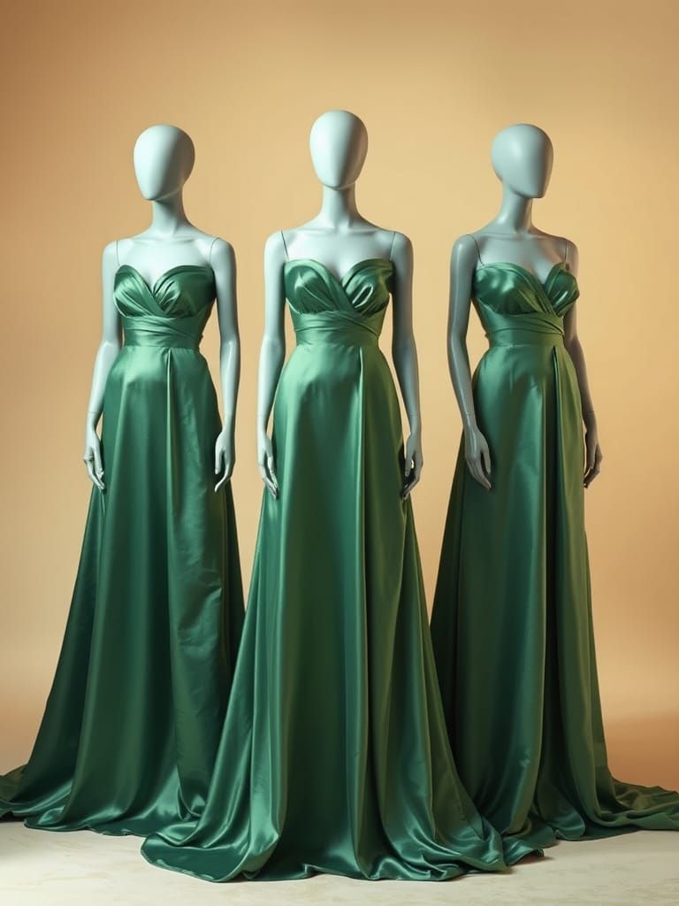 Ethereal Luxury: Majestic Mannequins in Mid-Green Silk